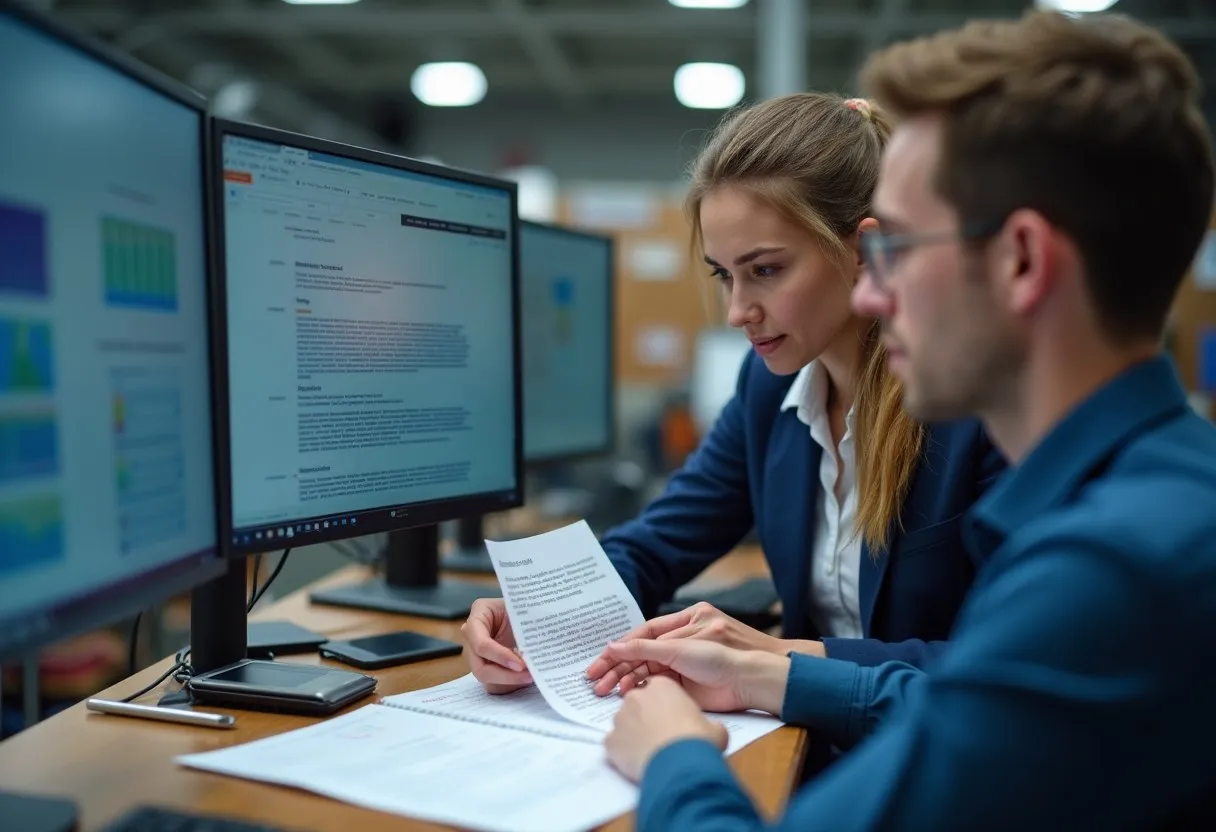 A supervisor coaching an employee through a new procedure at a workstation