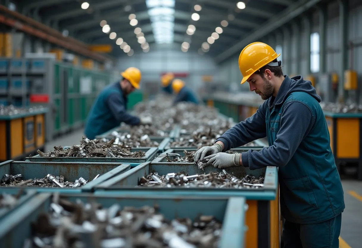 Workers sorting clean metal scrap into separate bins at a factory recycling area