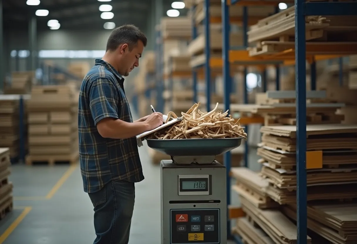 A worker weighing a container of offcuts on a floor scale and recording the value