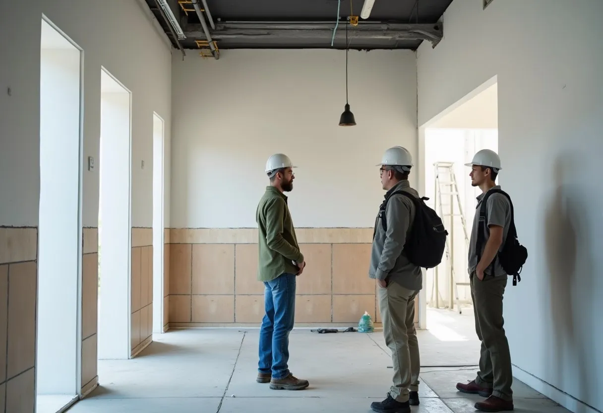 A construction team reviewing a finished mock-up to agree on the quality standard