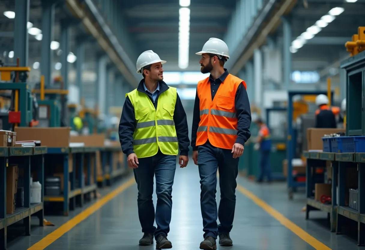 A continuous improvement coach and a team leader discussing a workstation on the factory floor