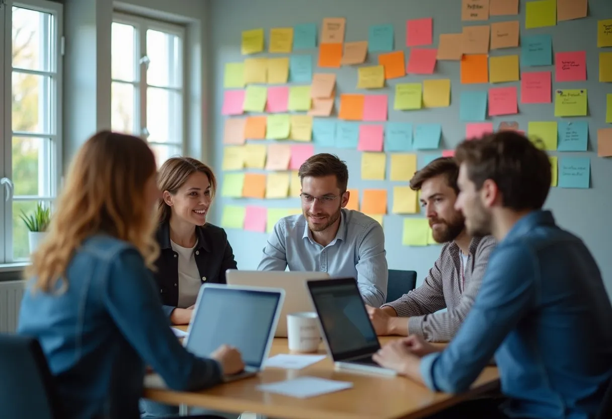 A software team sketching a system design on a whiteboard before building