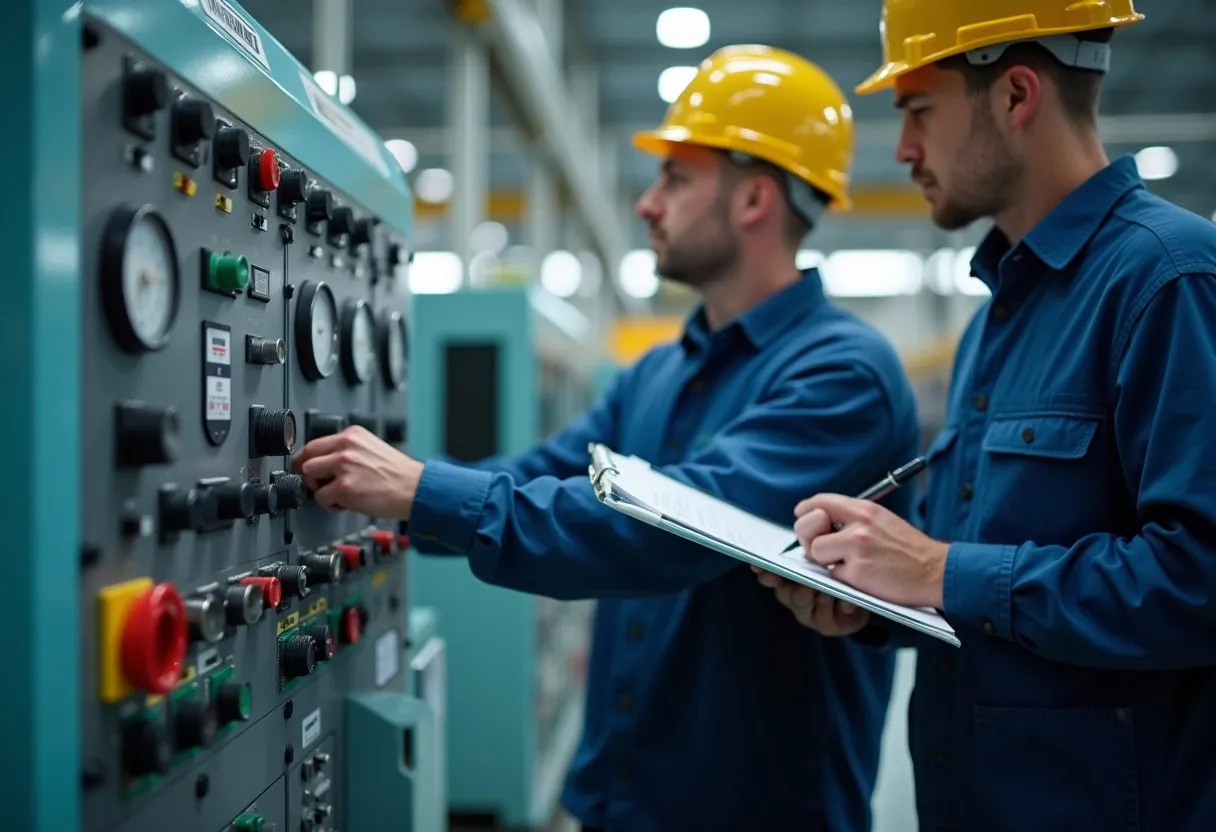 Two engineers setting machine parameters for a planned experiment on an injection molding machine