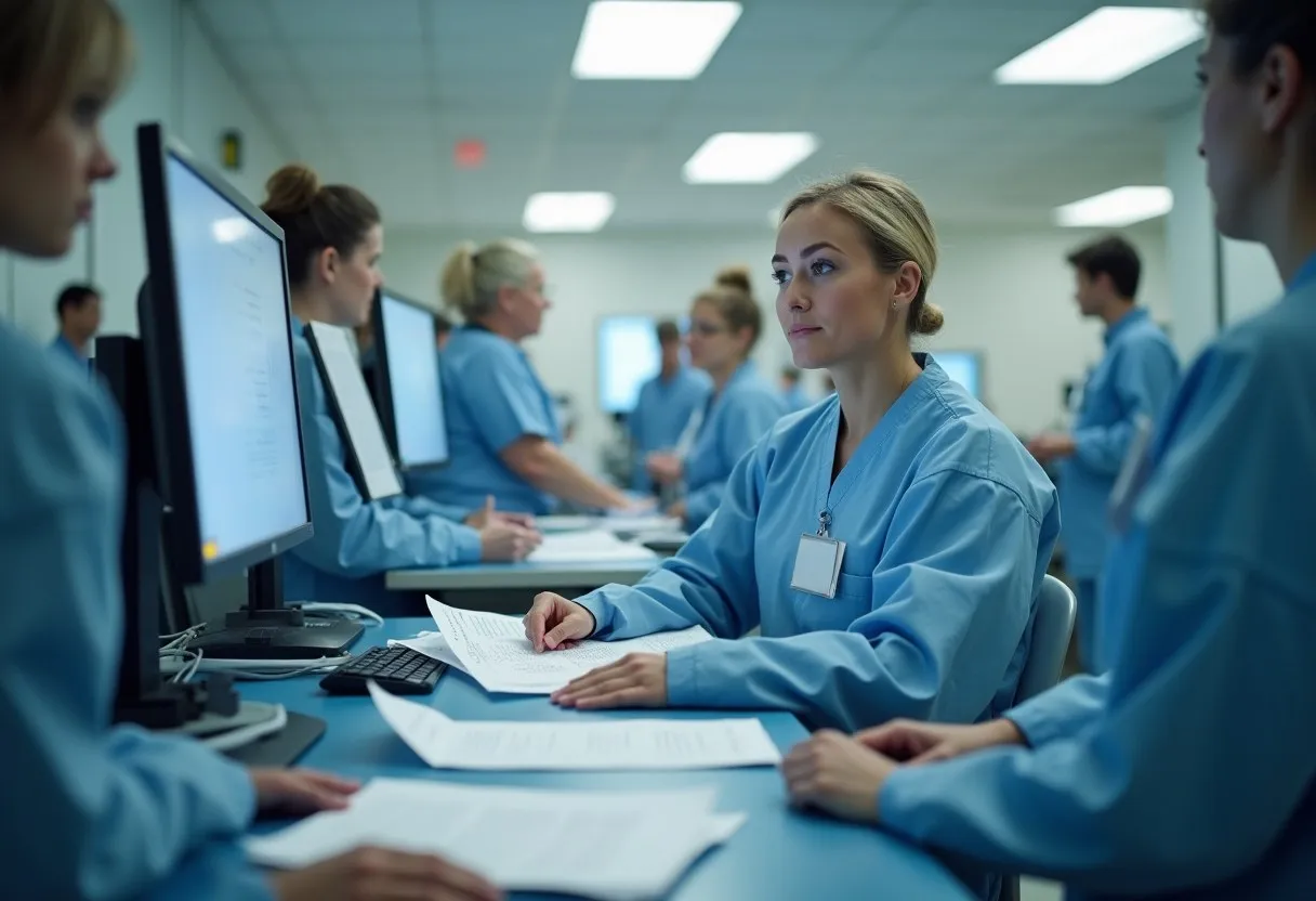Clinical staff at a nursing station during a shift change using written handoff sheets