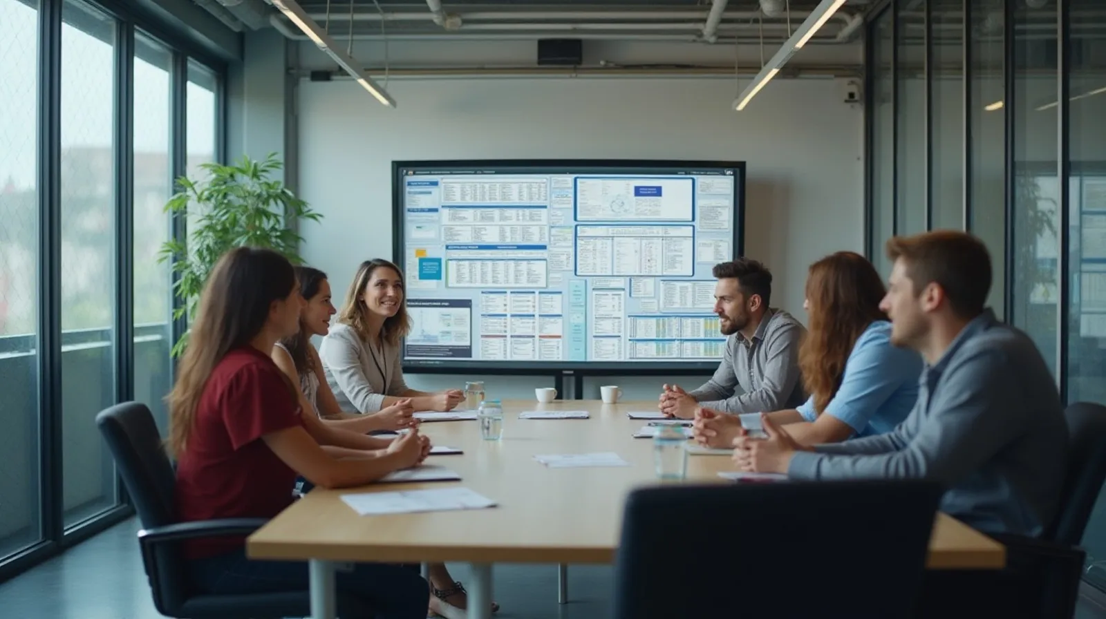A cross-functional leadership team discussing a strategy planning board in a conference room