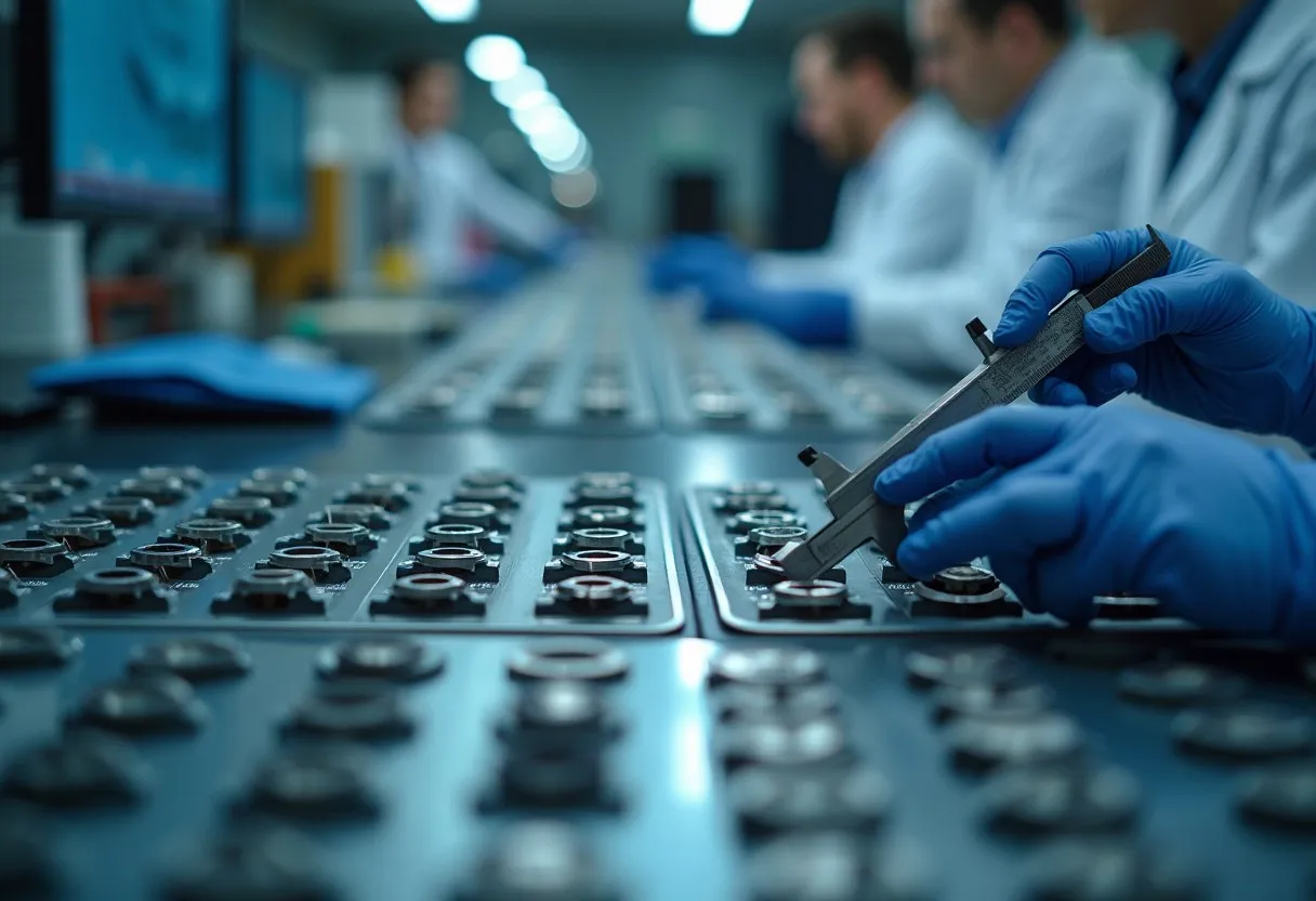 A quality analyst comparing two sets of machined parts in trays with calipers at a laboratory bench