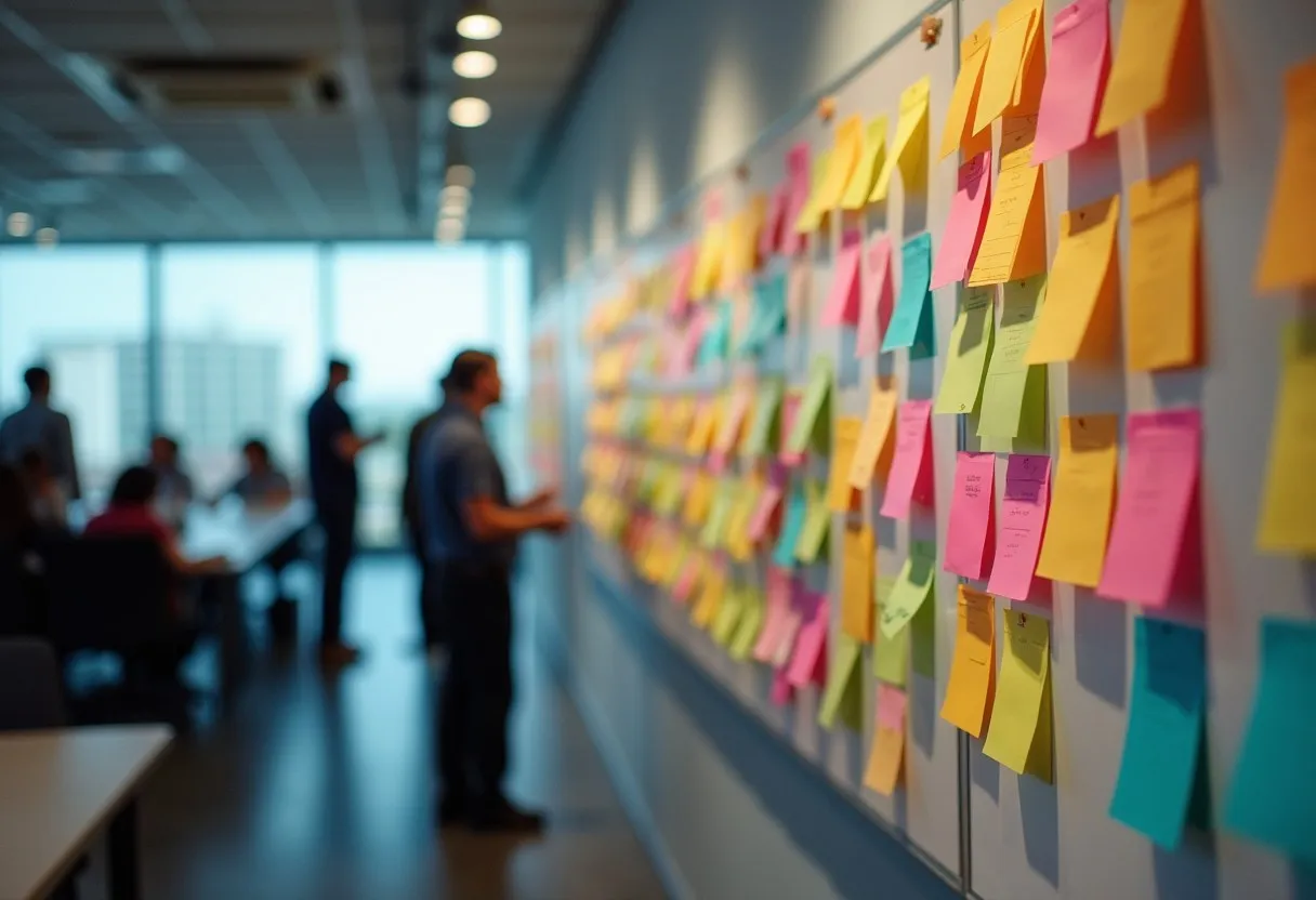 Government employees mapping a service process on a wall with sticky notes