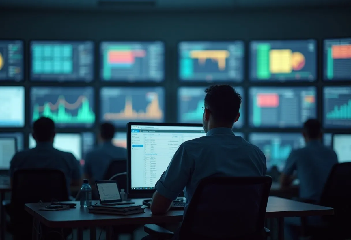 A maintenance planner in a control room reviewing equipment status indicators on wall monitors