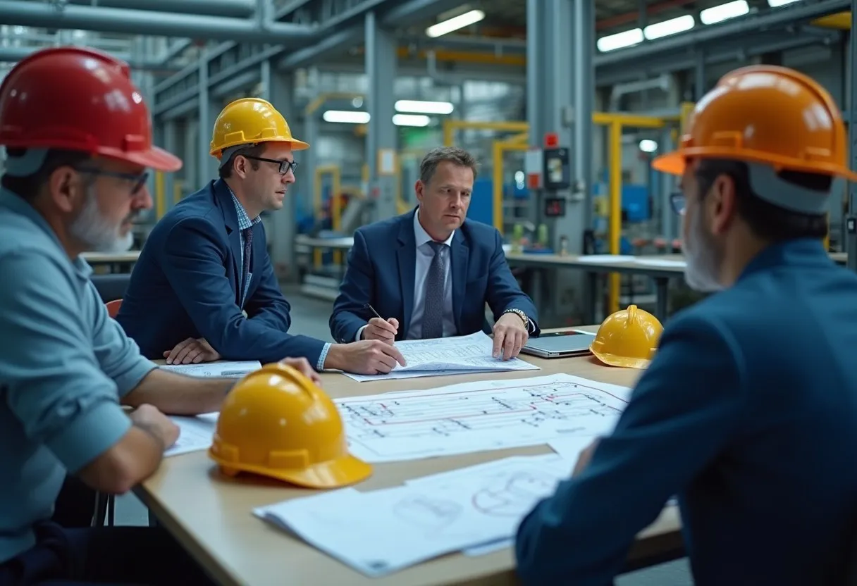 Engineers and an operations manager reviewing process diagrams and a change request before approving a plant change