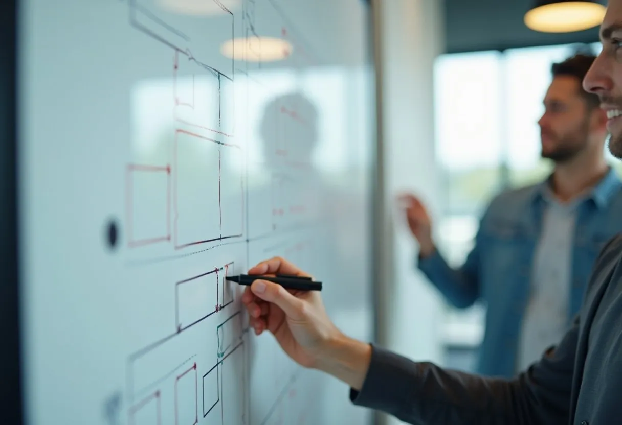 A team member drawing a scope boundary around part of a process map on a whiteboard