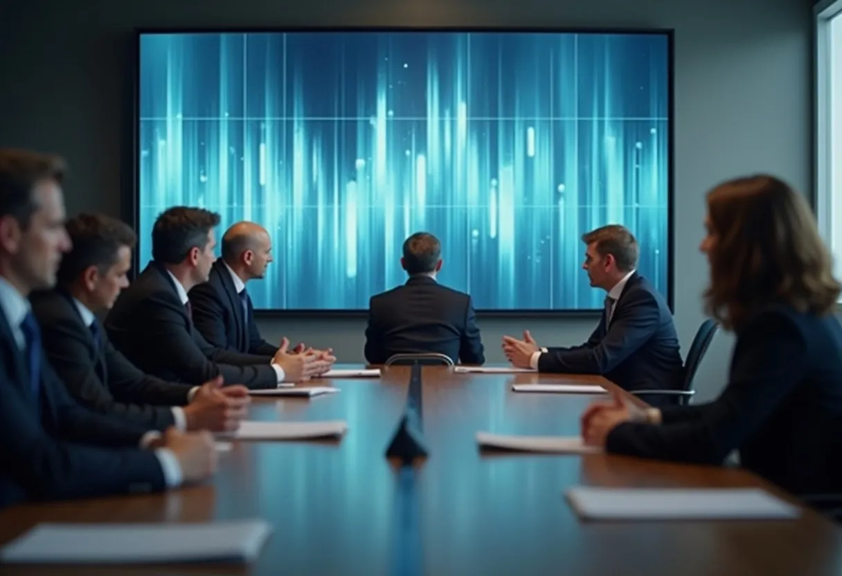 Public sector managers reviewing a performance dashboard in a conference room