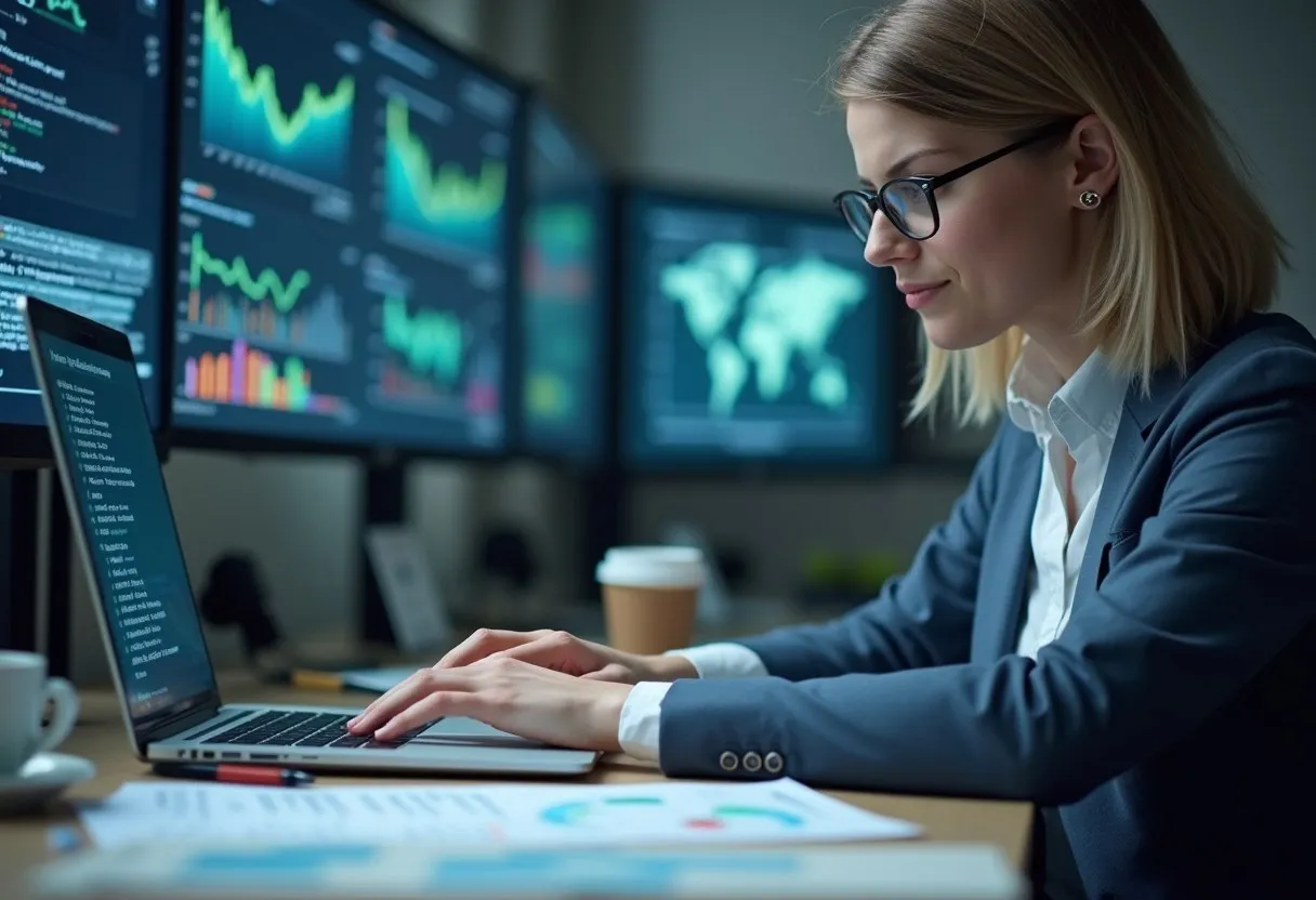 An analyst preparing performance data at a desk with a laptop and printed spreadsheets
