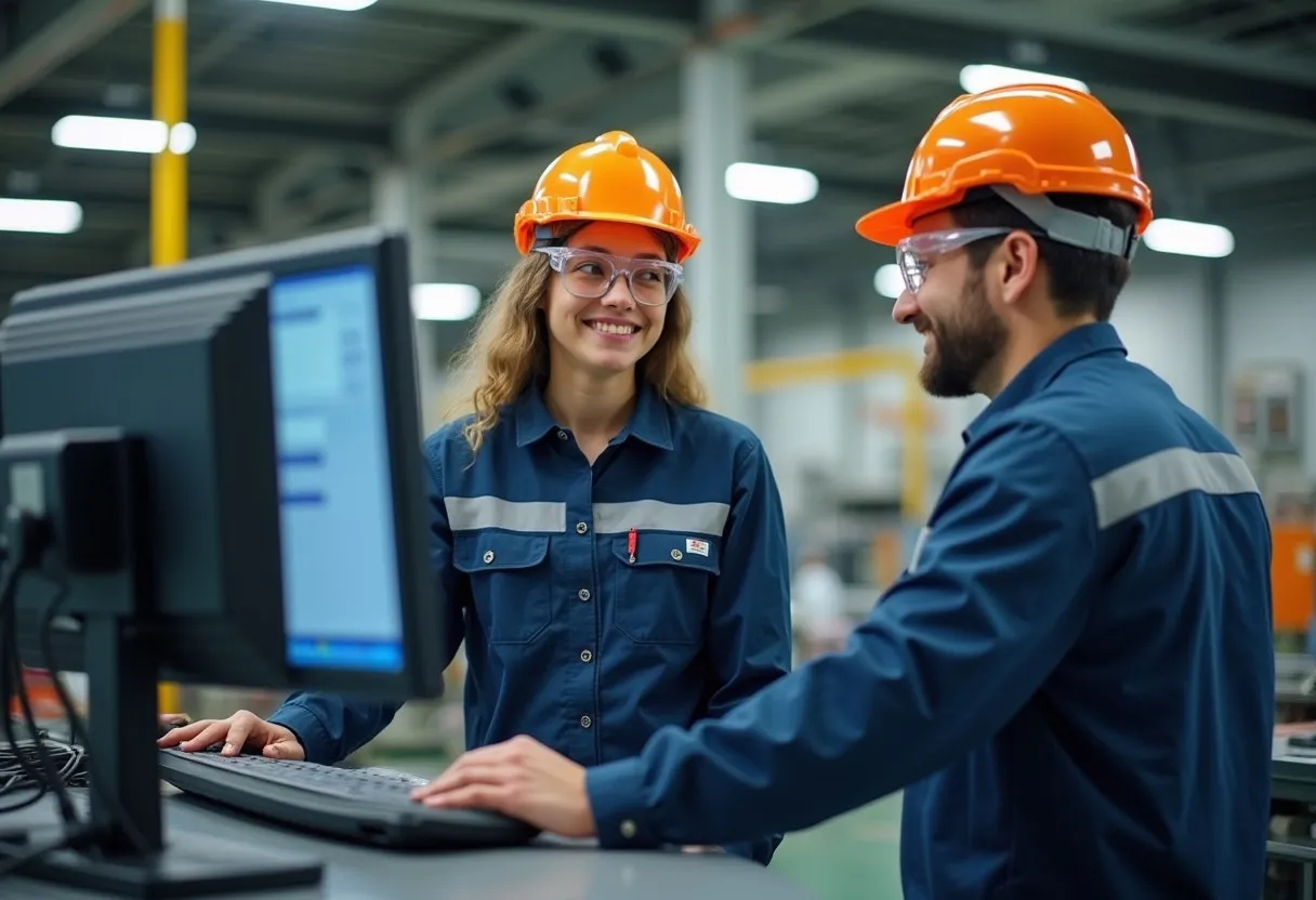 A mentor showing a new employee a workstation during the first week of onboarding