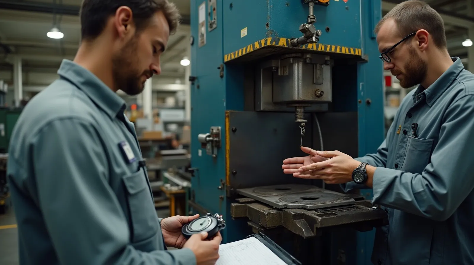 Two machinists performing a fast die changeover on an industrial stamping press