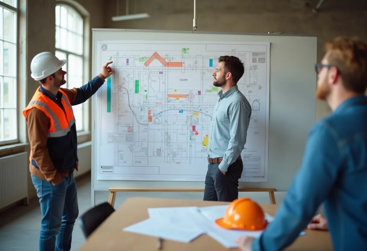 A site superintendent reviewing a takt plan with colored trade bands on a wall in a site office