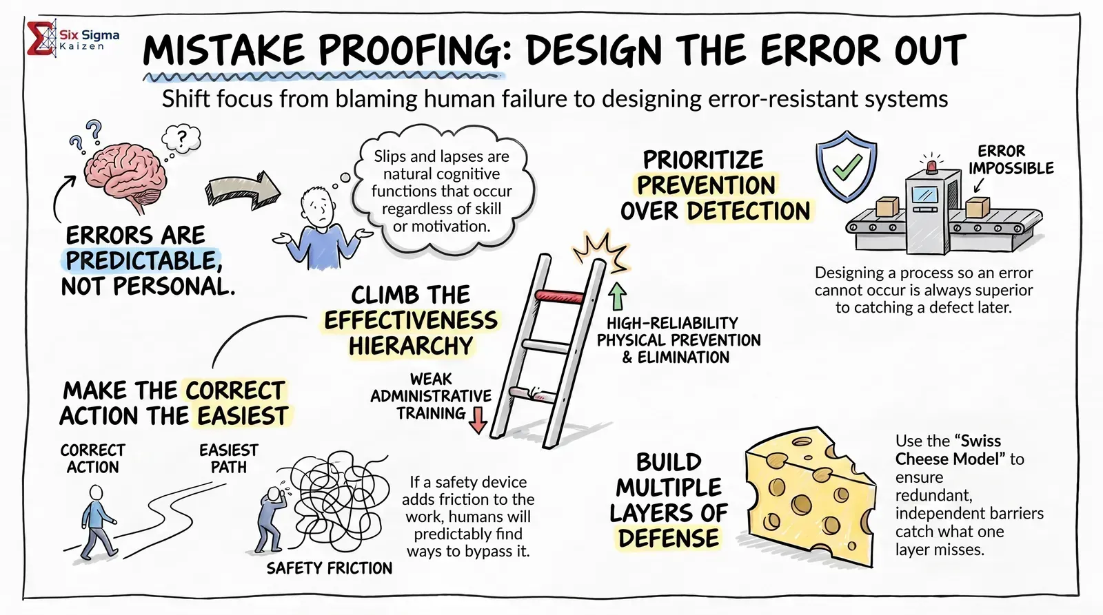 Mistake proofing infographic showing predictable human error, prevention over detection, effectiveness hierarchy, easiest-path design, and multiple layers of defense