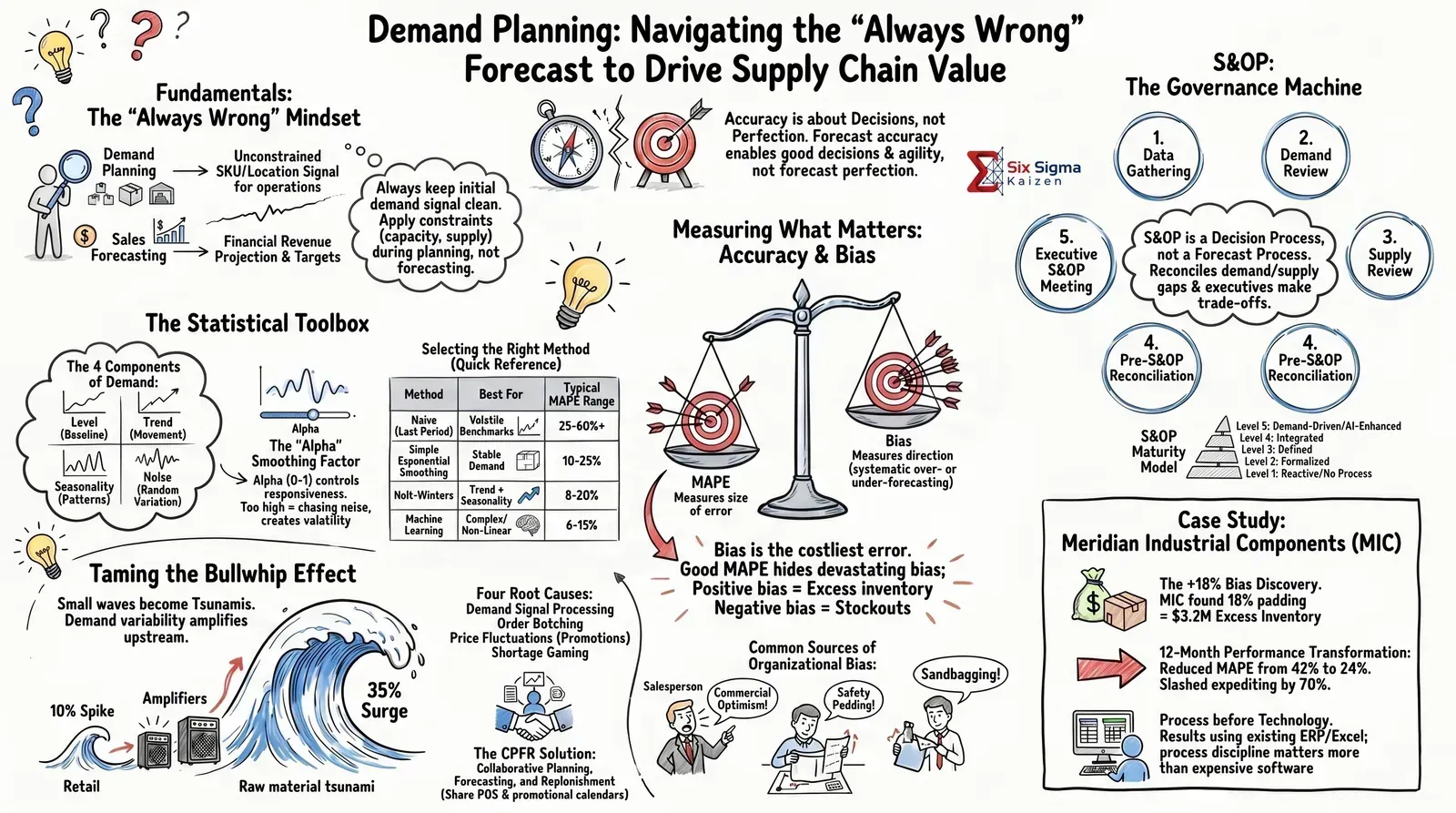 Demand planning and forecasting infographic showing statistical forecasting, accuracy and bias, S&OP, bullwhip effect, and Meridian case study results