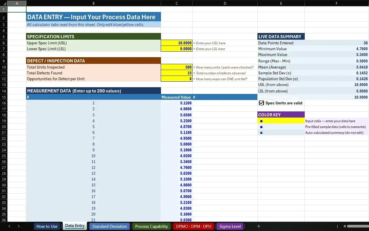 Six Sigma quality calculator suite data entry tab thumbnail